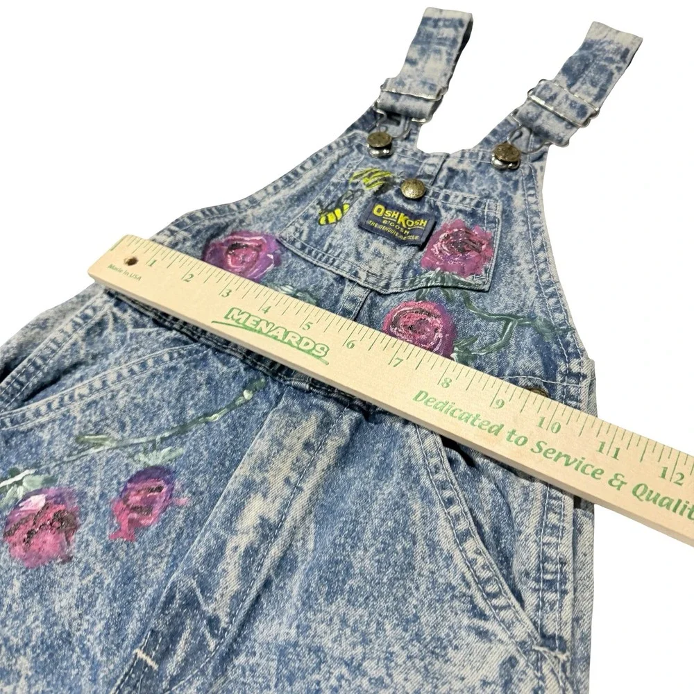 Vintage OshKosh Bgosh‎ Kids Size 5 Acid Wash Denim Overalls Hand Painted Floral